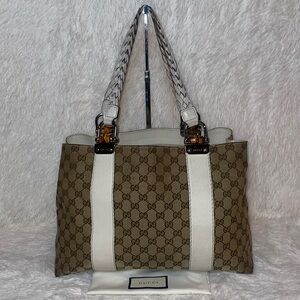 Gucci Monogram GG Canvas & Cream Leather Bamboo Bar Large Shoulder Bag Tote